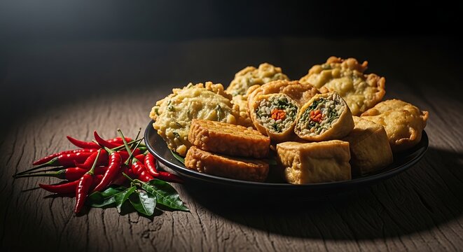 Delicious Indonesian Fried Snacks - Tahu Isi, Tempe Mendoan, and Bakwan on a Wooden Table.