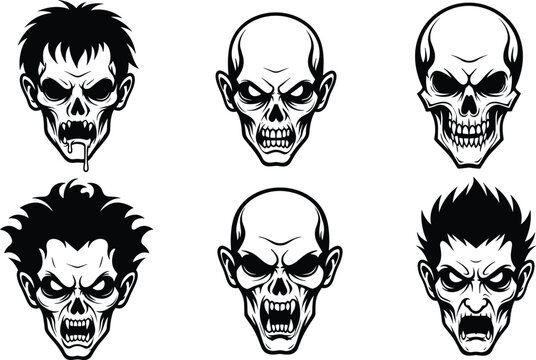 "Vector illustration of zombie and skull faces with horror expressions, creepy silhouettes, scary character artwork, Halloween black and white design"
