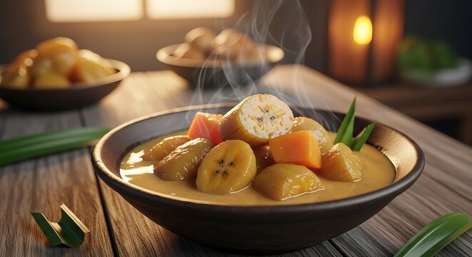 Delicious Indonesian Kolak Pisang with Sweet Potatoes and Bananas in Coconut Milk.