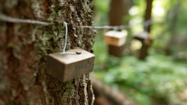 Setting up traps on tree trunks to capture and monitor pest activity for effective management without chemical use