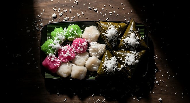 Colorful Indonesian Klepon and Getuk Traditional Sweet Snacks with Grated Coconut Topping.