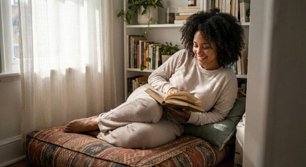 Obraz premium Reading woman relaxing at home cozy indoor setting lifestyle photography joyful moment