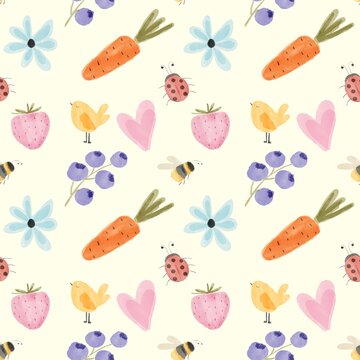 Seamless watercolor spring pattern with bunny icons, flowers, berries and carrot