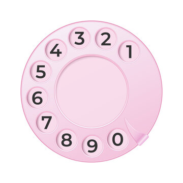 Pink phone dial disk realistic vector mockup. Rotary phone dial with numbers template