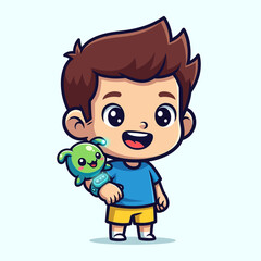 Happy cartoon boy holding robotic pet