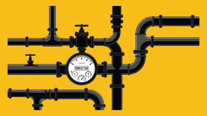 Vintage-style utility water meter and plumbing system vector illustration