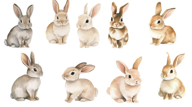 Three watercolor painted rabbits sitting side by side on white background, pastel tones, cute realistic illustration, each rabbit different color (brown, gray, white)