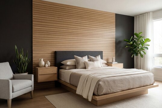 Modern minimalist bedroom with wood slat feature wall