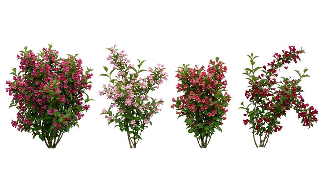 Four Weigela florida shrubs arranged in a row isolated on white, illustrating dense flowering habit with tubular pink and red blooms for landscape architecture.