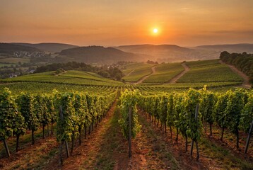 Fototapeta premium A sweeping panoramic view of a lush vineyard along the hessian mountain road, bathed in warm sunset light with rolling hills and mist