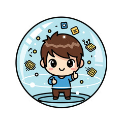 Cute cartoon boy in futuristic bubble with technology elements around him