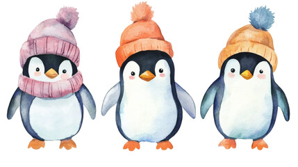 Fototapeta premium Three cute watercolor penguins wearing knit hats and scarves, standing in a row on transparent background