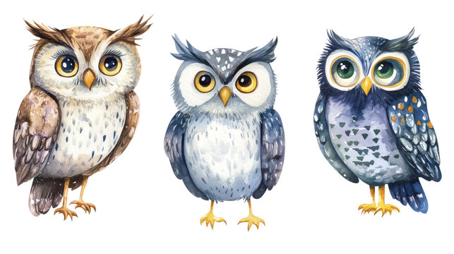 Three whimsical watercolor owls with large expressive eyes, distinct feather patterns and varied blue-brown color palettes on white background