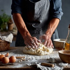 Fototapeta premium Baking fresh bread dough home kitchen food photography cozy atmosphere close-up view culinary art