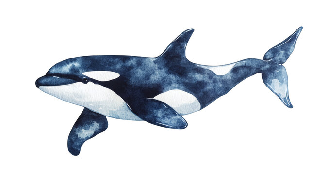 Watercolor illustration of four playful killer whales (orcas) in varying poses on a transparent background, textured navy and white paint strokes, whimsical marine art style