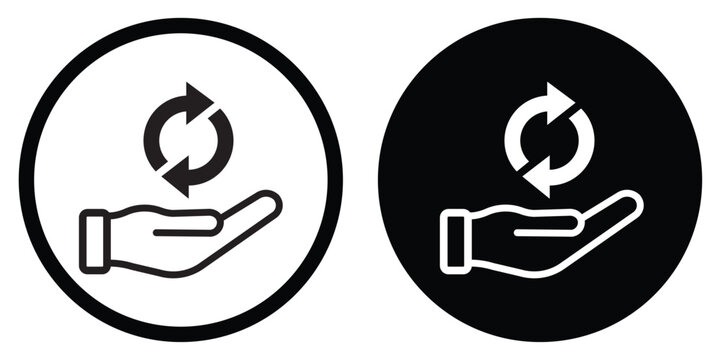 Vector icon of a hand holding a circular refresh or recycle symbol. Represents sustainability, circular economy, process renewal, and environmental care in outline and solid styles.
