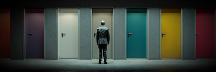 A Realistic Modern Scene Showing a Businessman Seen From Behind, Facing Multiple Colorful Doors in a Minimalist Corridor, Symbolizing Life Choices and Career Opportunities. Generative Ai.