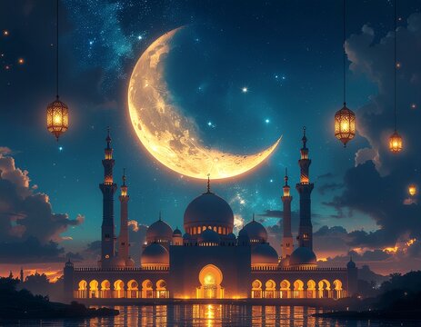 pemandangan mesjid dengan bulan sabit