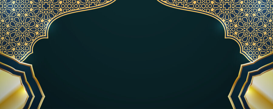 Ornamental golden Islamic geometric frame on dark teal background