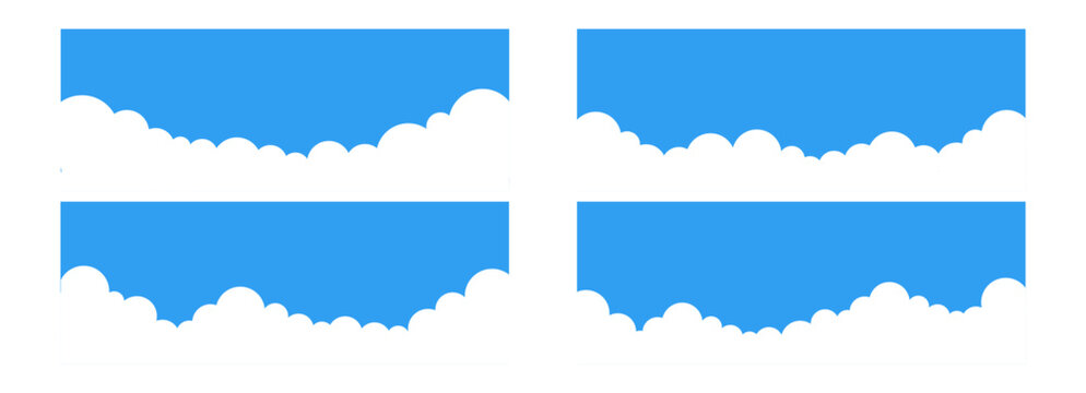 Blue sky and cloud border set, divider shape banner. Sky horizontal background, collection bg. Simple footer, section.
