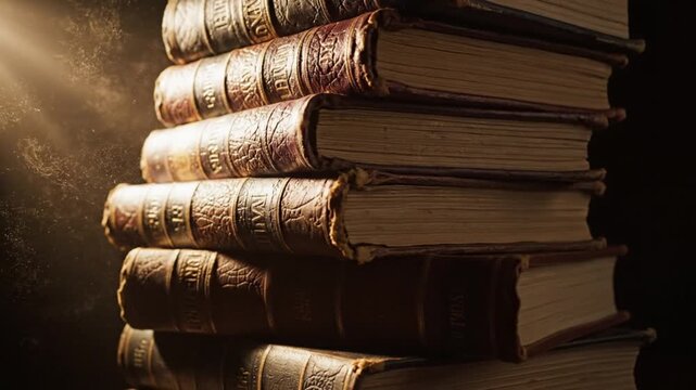 A close-up shot of a tall stack of antique leather-bound books with ornate spines illuminated by a warm light source from the left highlighting dust motes in the air