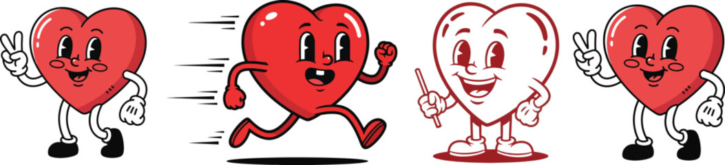 Groovy retro sticker pack. Valentine's day in trendy comic style. Love cartoon heart character. Heart with tattoos on a skateboard. © JahirulIslam