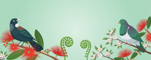 New Zealand Nature Banner with Tui, Kereru, and Pohutukawa Flowers © rexandpan