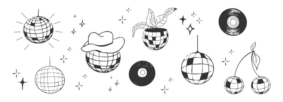 Disco ball set, sketch y2k line tattoo creative. Retro doodle party hand drawn decoration. Music, party, and vintage.