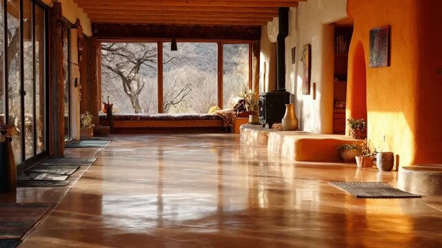 Medium shot capturing sunlight streaming through floortoceiling windows of a passive solar home showcasing energyefficient design and sustainable living