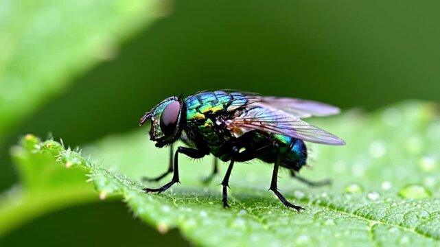 A close-up shot of an iridescent green and blue insect with large eyes resting on a vibrant green leaf covered in water droplets