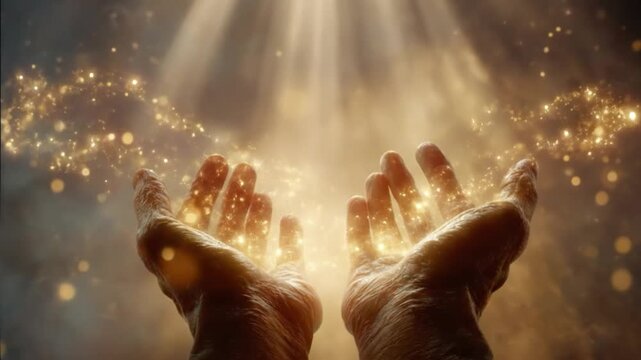 Hands releasing sparkles into the air with divine light rays shining down on them in a mystical atmosphere