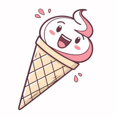 Cute happy character pink ice cream in a waffle cone