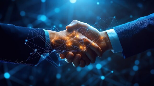 Businessmen shaking hands against digital network connection background, polygonal graphics technology business concept, internet exchange and cooperation
