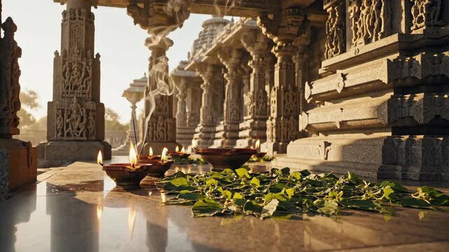Ancient Indian Temple with Ritual Lamps, Green Leaves, and Detailed Carvings Highlighting Spiritual Worship and Traditional Practices