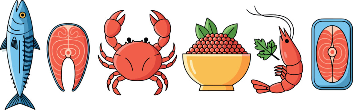 Seafood illustration set with fish salmon crab shrimp and caviar fresh flat vector design for restaurant menu packaging and healthy nutrition concepts
