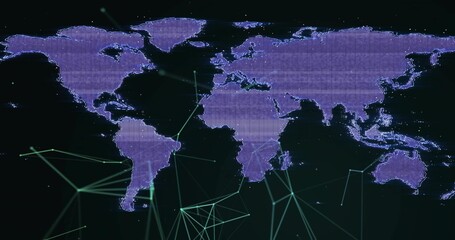 Obraz premium Displaying purple dotted world map on dark GUI, showing teal nodes, lines, wireframes, scanlines