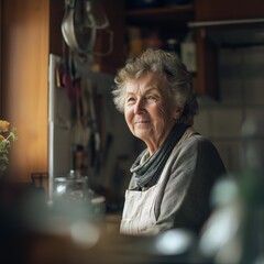 Senior woman portrait in cozy kitchen
