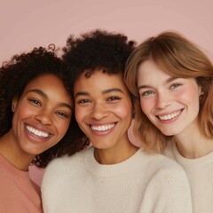 Diverse friends smiling on pastel background