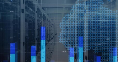 Extending server rack aisle receding into distance at data center, with translucent bars overlay