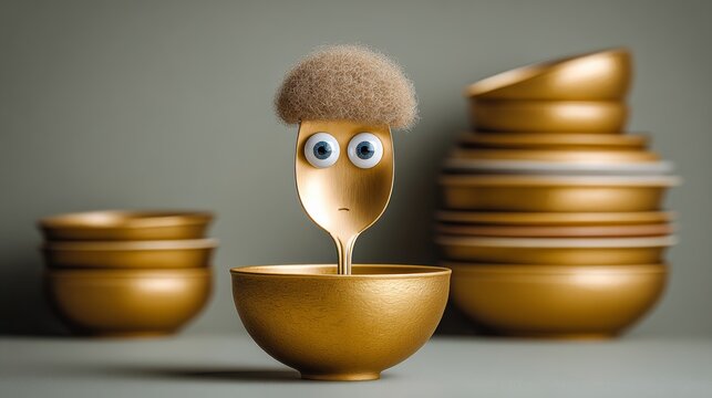 Golden spoon transformed into a human character with a brown toupee and animated facial features, standing in a bowl, surrounded by additional golden bowls in the background