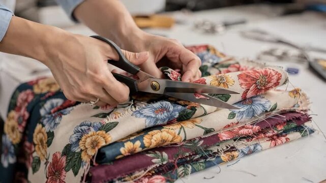 Closeup of hands carefully cutting floral patterned blouse fabric highlighting intricate details and vibrant colors on layered fabric stacks during the garment creation process.