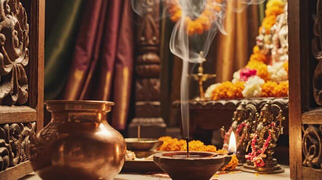 Traditional Hindu Worship Scene for Vishnu Nirjala Ekadashi with Oil Lamp, Incense, and Divine Idols in a Sacred Temple Setting