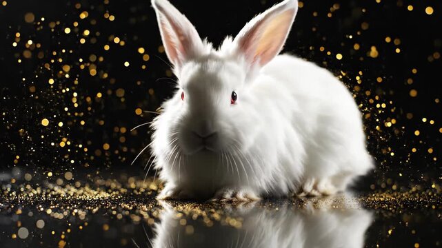 Elegant white rabbit with golden bokeh on a reflective dark surface