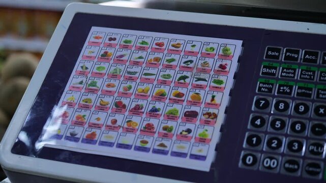 Digital touchscreen vegetable and fruit selection panel on market weighing scale, colorful produce icons displayed on screen with keypad, modern retail technology concept
