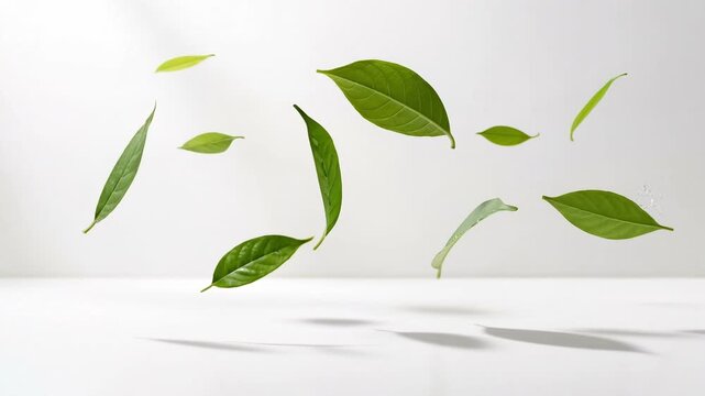 Floating green leaves drift gently across bright studio backdrop and drift bright studio light creating fresh natural motion and gently drift above