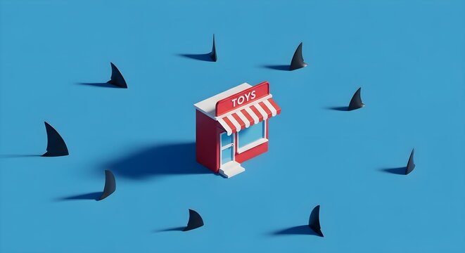 Toy Store Risk: Miniature red shop surrounded by shark fins on blue surface, retail competition, business danger, financial threat, market survival concept