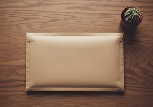 Top view of brown padded bubble mailer envelope on wooden desk with small cactus for shipping delivery
