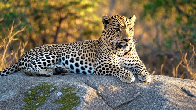 A leopard with a spotted coat lies relaxed on a large grey rock looking forward with a blurred natural background of green and golden foliage
