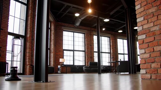Industrial loft interior with large windows and exposed brick