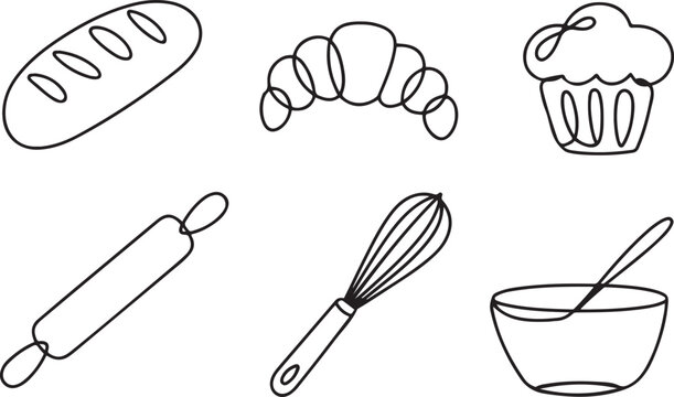 Baking and pastry icons set in one line art style featuring bread.one line icon illustration with white background